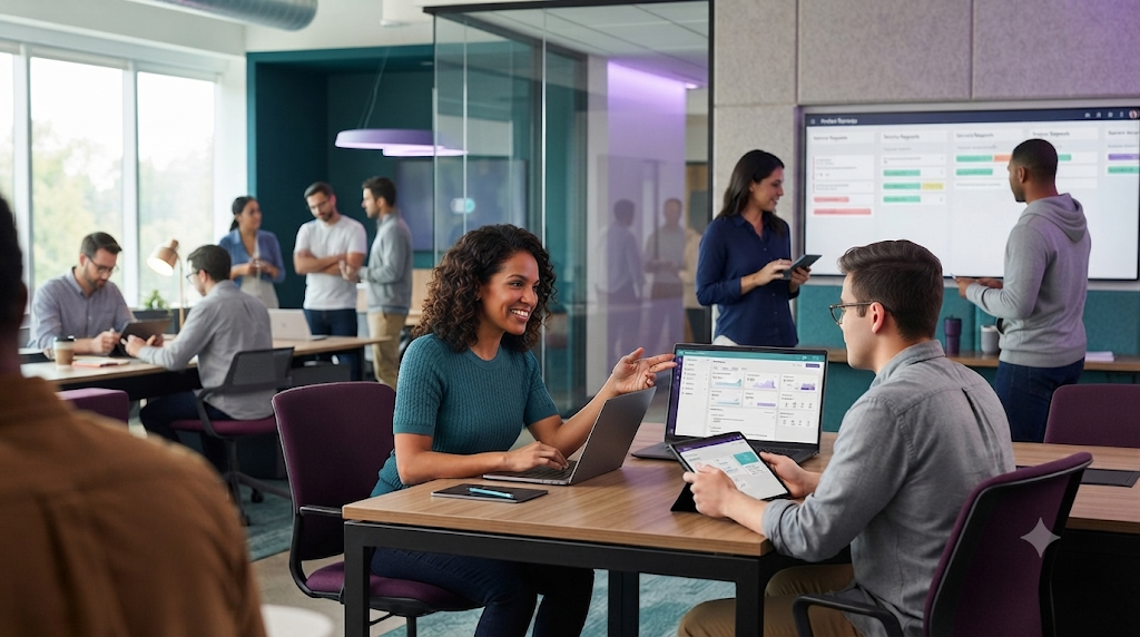 Team collaborating around laptops in a modern office
