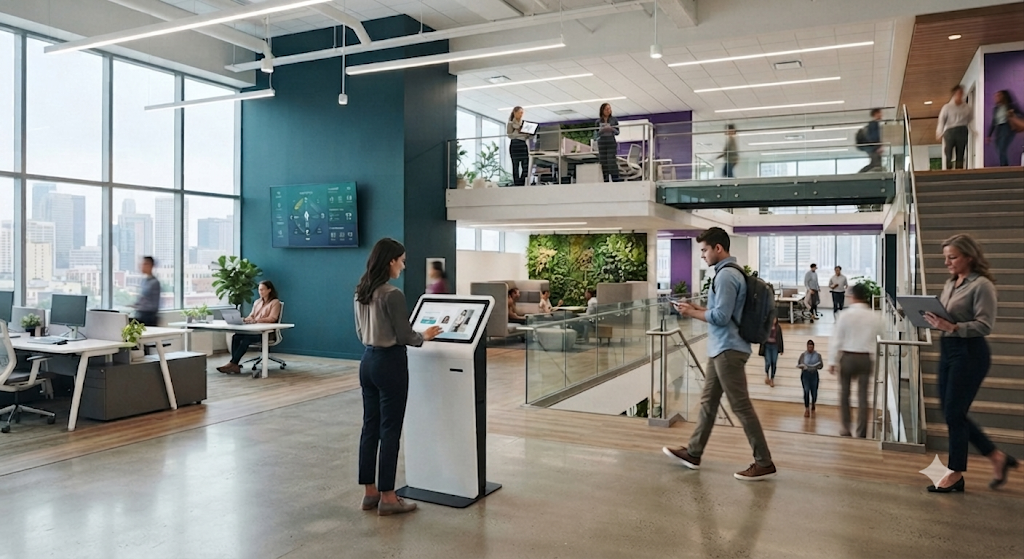 Employee using a self-service kiosk in an open office