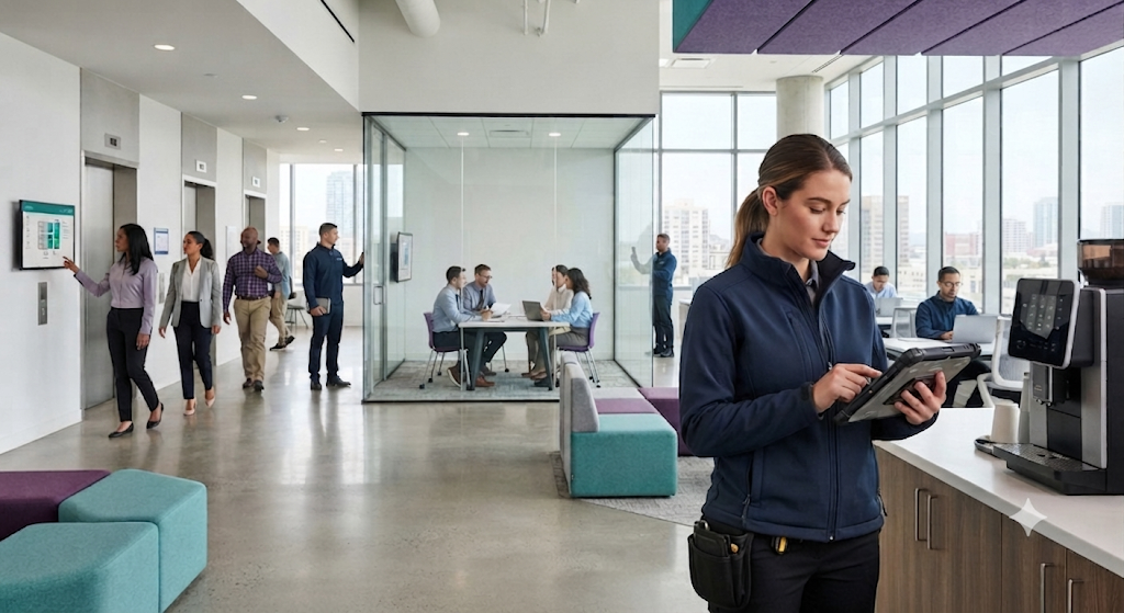 Support specialist using a tablet in a workplace lobby